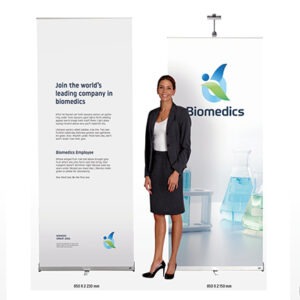 Professionnels des expositions salons et foire, Première Impression premier fournisseurs d'articles Bio, propose aussi des services aux expos Rollup Compaq de Expolinc - Enrouleur compact Expolinc - Stand totem enrouleur